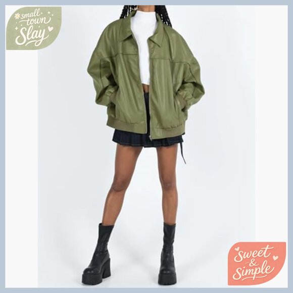 Oversized Faux Leather Bomber Jacket Long Sleeve Motorcycle Style - Picture 6 of 7